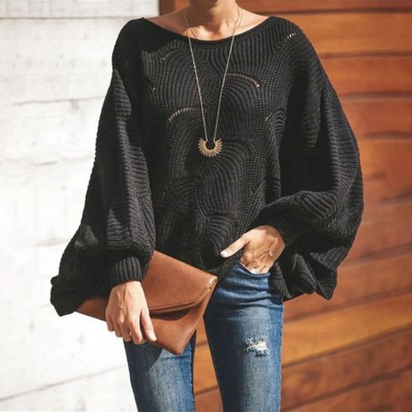 Pull Femme Décontracté En Mélange De Laine Maille Ouverte Avec Manches Batwing Et Ourlet Festonné