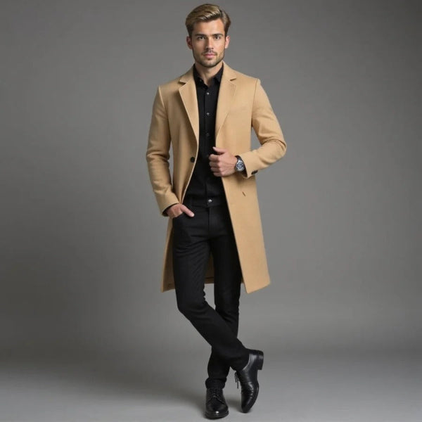 Manteau Long Homme En Laine Mélangée Coupe Tailorée Simple Boutonnage Vêtement Extérieur Formel Pour Hiver