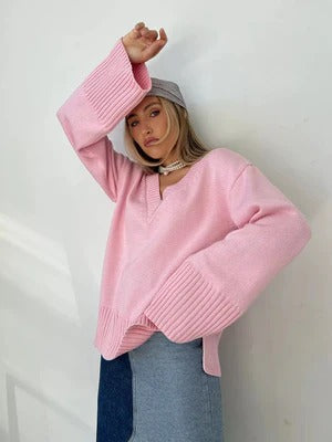 Pull Femme En Maille Douce Coupe Décontractée Col V Manches Longues Bord Côte Nordisk Flair