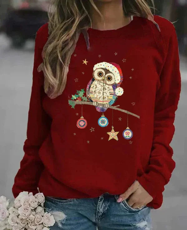 Sweatshirt Femme Coupe Décontractée Mélange Coton Col Rond Imprimé Hibou Festif Automne Hiver