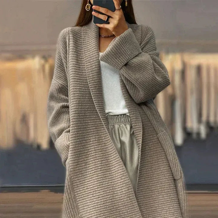 Cardigan Long Pour Femme Coupe Oversize En Maille Mélangée En Laine Avec Ouverture Frontale Et Texture Côtée