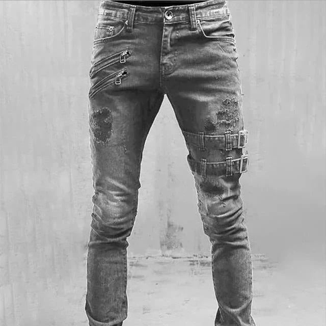 Jean Homme Slim Distress Denim Avec Zip Et Boucles Gothiques Pour Look Moderne Et Confort