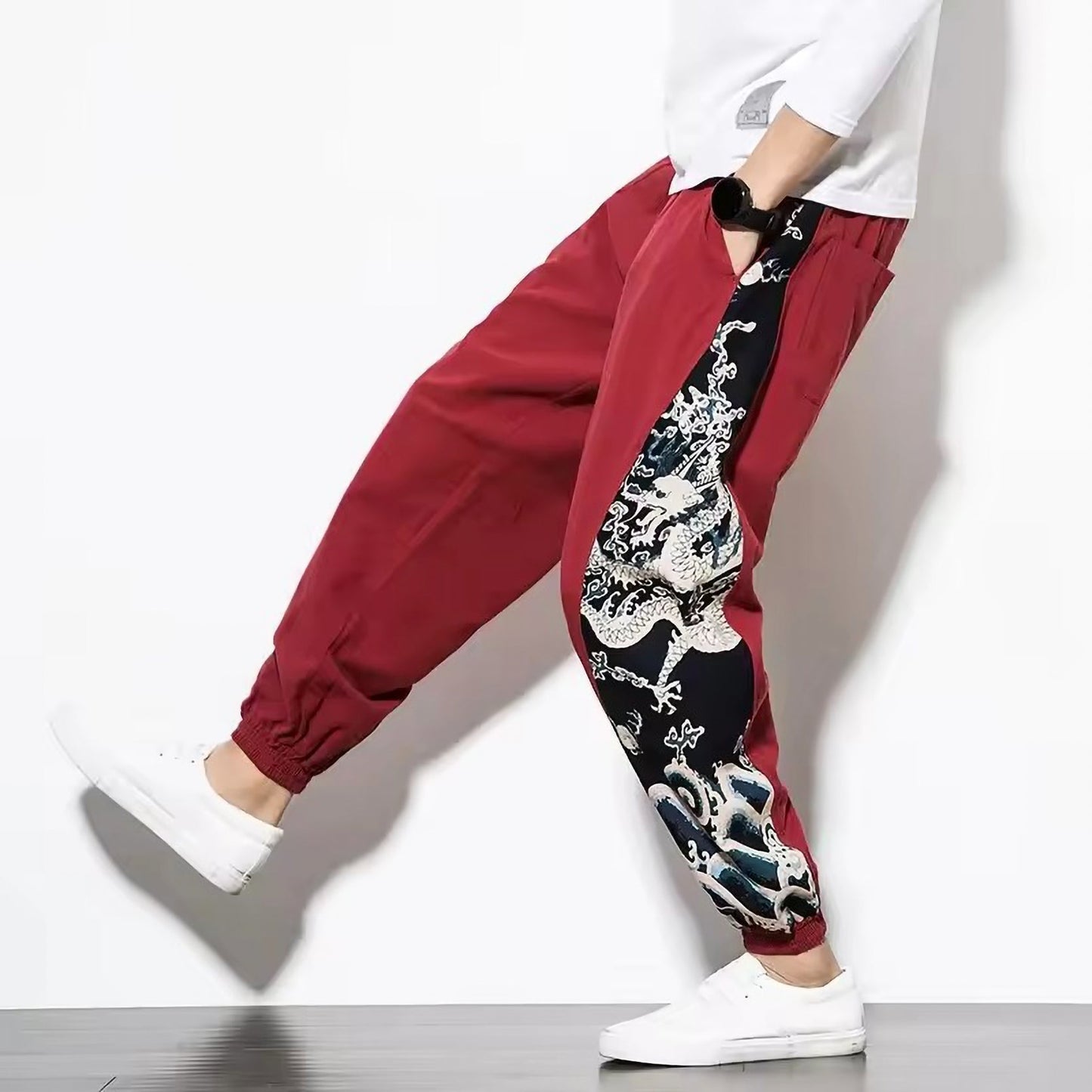Pantalon Harem Tatsu Avec Dragon Japonais Sur Les Côtés En Coton Lin Respirant Confortable