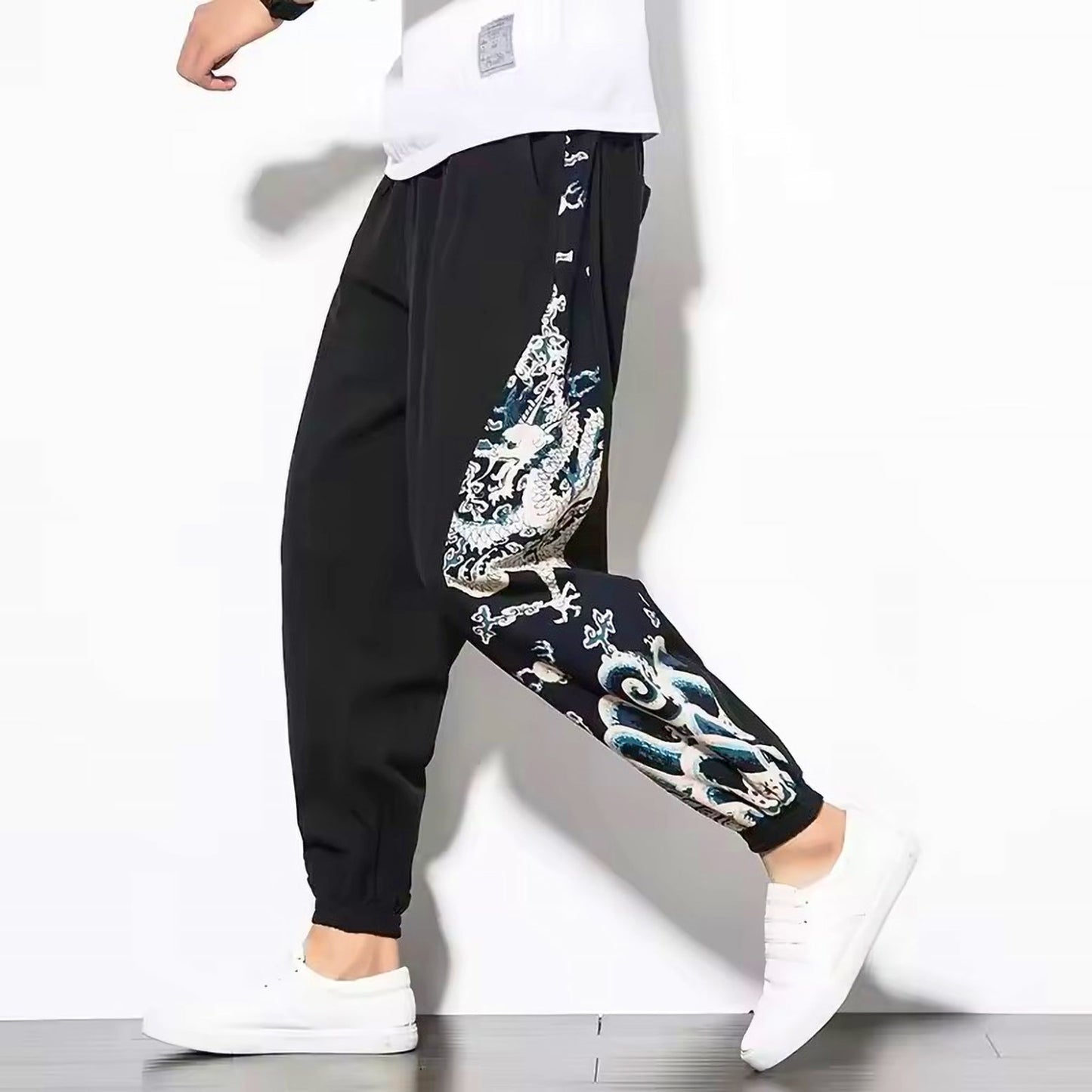Pantalon Harem Tatsu Avec Dragon Japonais Sur Les Côtés En Coton Lin Respirant Confortable