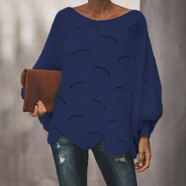 Pull Femme Décontracté En Mélange De Laine Maille Ouverte Avec Manches Batwing Et Ourlet Festonné
