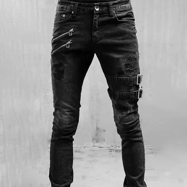 Jean Homme Slim Distress Denim Avec Zip Et Boucles Gothiques Pour Look Moderne Et Confort
