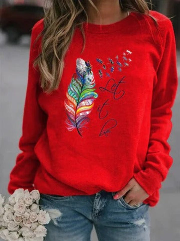 Pull Femme Coupe Décontractée Effet Coton Imprimé Plumes Manches Longues Confort Quotidien
