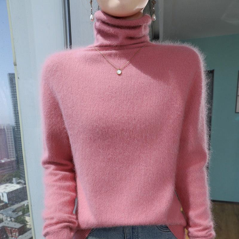 Pull Femme Col Roulé en Mélange de Laine Coupe Décontractée Col Pelucheux Poignets Côtes