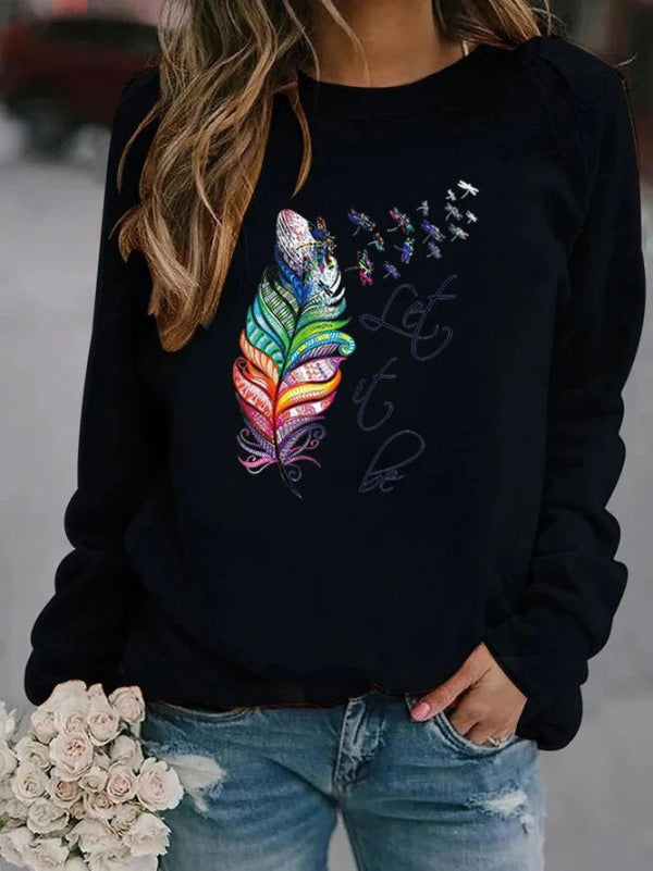 Pull Femme Coupe Décontractée Effet Coton Imprimé Plumes Manches Longues Confort Quotidien