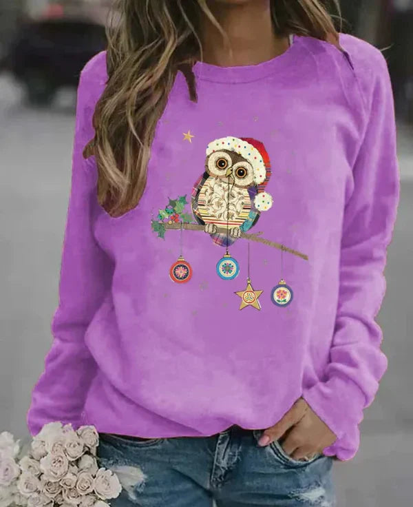 Sweatshirt Femme Coupe Décontractée Mélange Coton Col Rond Imprimé Hibou Festif Automne Hiver