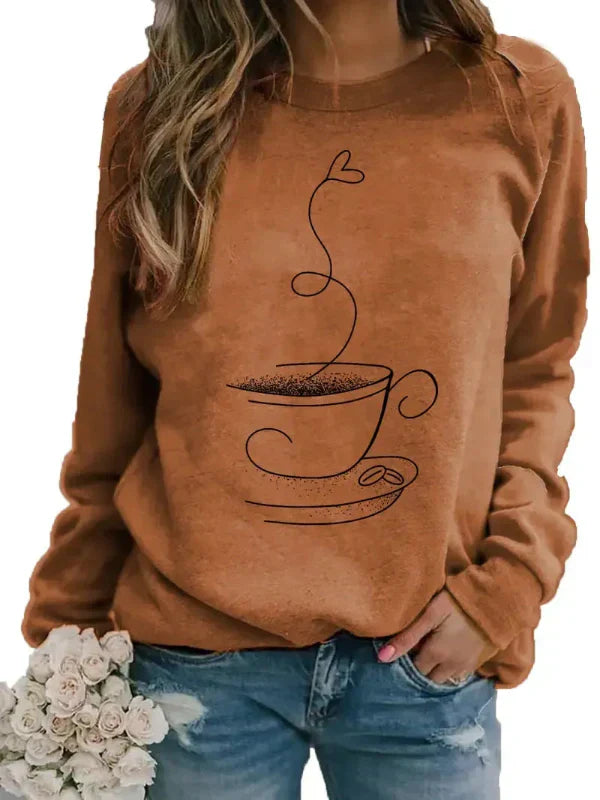 Sweat Femme Coupe Décontractée En Mélange De Coton Imprimé Tasse De Café Col Rond Ultra Confortable