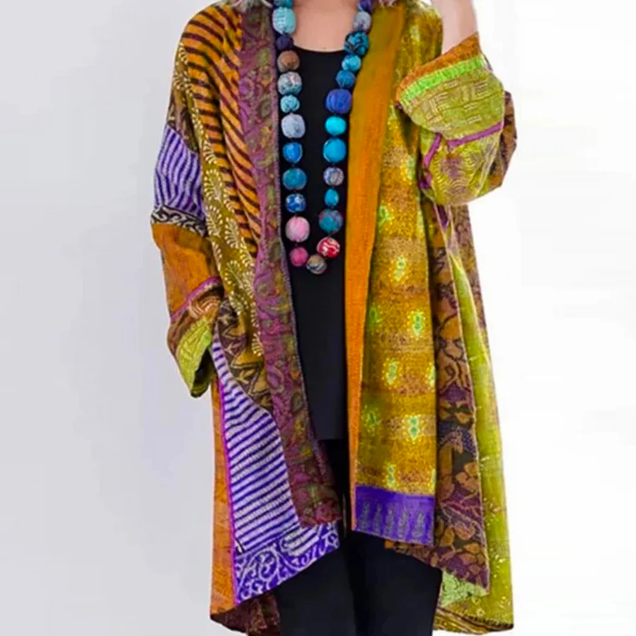 Cardigan Femme en Laine Tricot Oversize Longueur Maxi Ouvert Devant Style Bohème