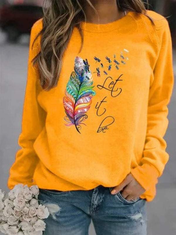Pull Femme Coupe Décontractée Effet Coton Imprimé Plumes Manches Longues Confort Quotidien