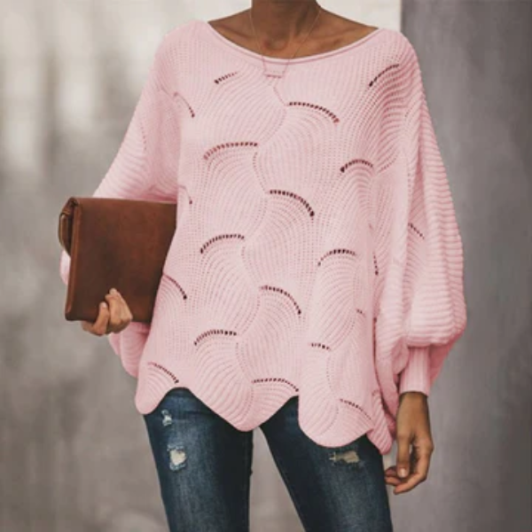 Pull Femme Décontracté En Mélange De Laine Maille Ouverte Avec Manches Batwing Et Ourlet Festonné