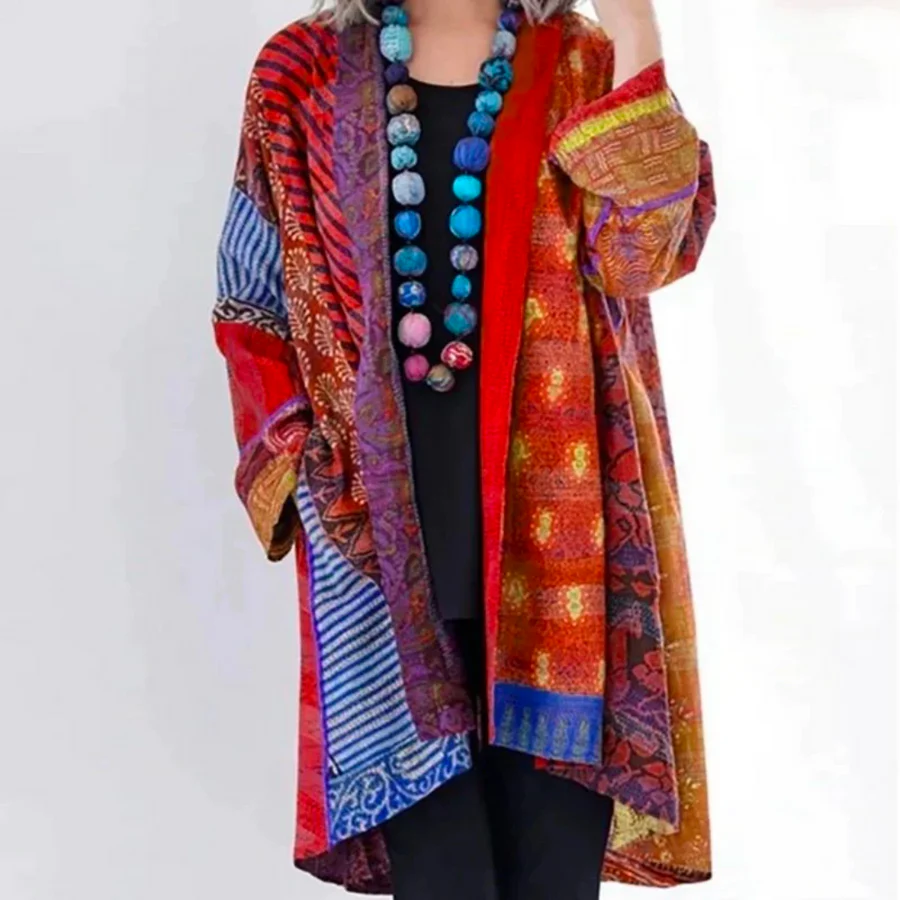 Cardigan Femme en Laine Tricot Oversize Longueur Maxi Ouvert Devant Style Bohème