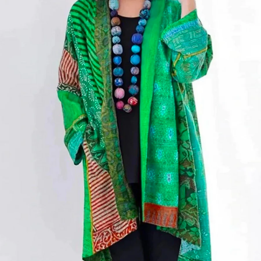 Cardigan Femme en Laine Tricot Oversize Longueur Maxi Ouvert Devant Style Bohème