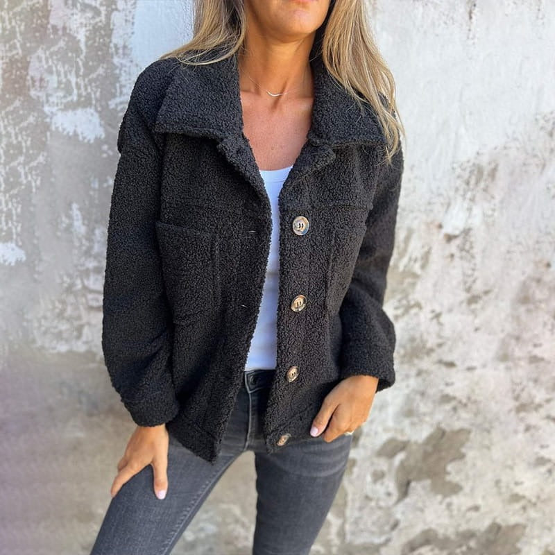 Manteau Femme Coupe Décontractée Texture Laine Col Large Boutons Oversize Poches Patch