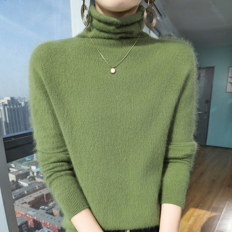 Pull Femme Col Roulé en Mélange de Laine Coupe Décontractée Col Pelucheux Poignets Côtes