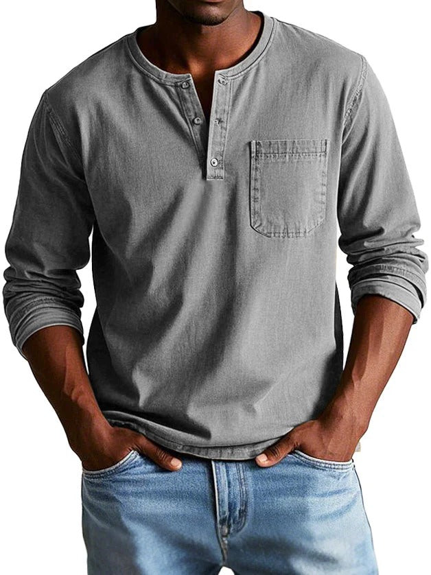 Pour Homme Haut Manches Longues Avec Poche Poitrine Col Rond Patte Boutonnée Coupe Classique Effet Coton
