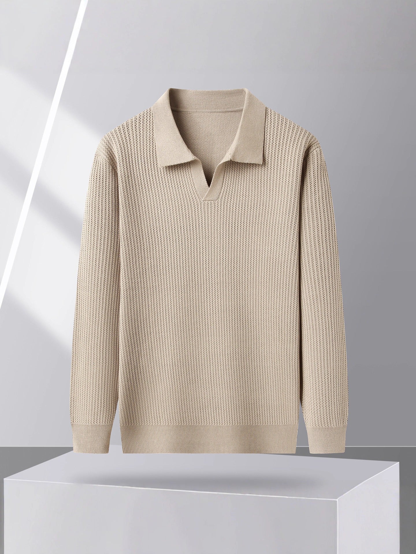Pull Tricot Homme Col Polo Évasé Manches Longues Côtes Bas Doux Pour Automne Confortable