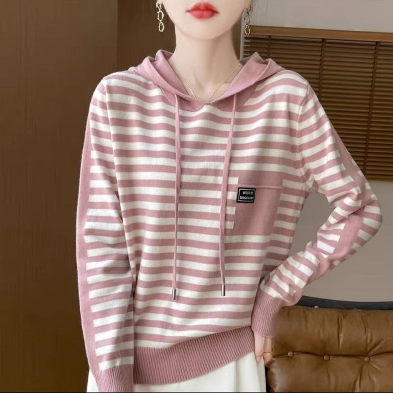 Pull À Capuche Femme Décontracté En Maille Mélange Coton Rayé Avec Poignets En Côtes