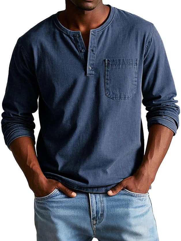 Pour Homme Haut Manches Longues Avec Poche Poitrine Col Rond Patte Boutonnée Coupe Classique Effet Coton