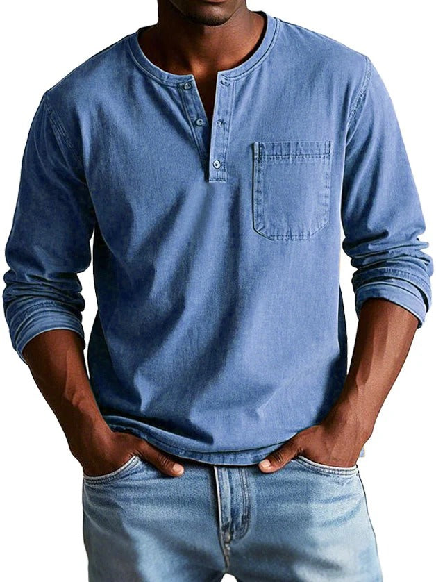 Pour Homme Haut Manches Longues Avec Poche Poitrine Col Rond Patte Boutonnée Coupe Classique Effet Coton