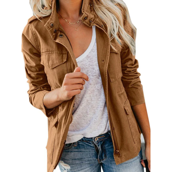 Veste Utilitaire Pour Femme Coupe Décontractée En Coton Mélangé Avec Zip Frontal Et Patte Boutonnée Multipoches Amawinc