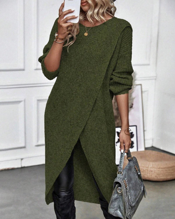 Pull Long Femmes Oversize En Laine Côtelée Avec Design Wrap Asymétrique Confortable Polyvalent