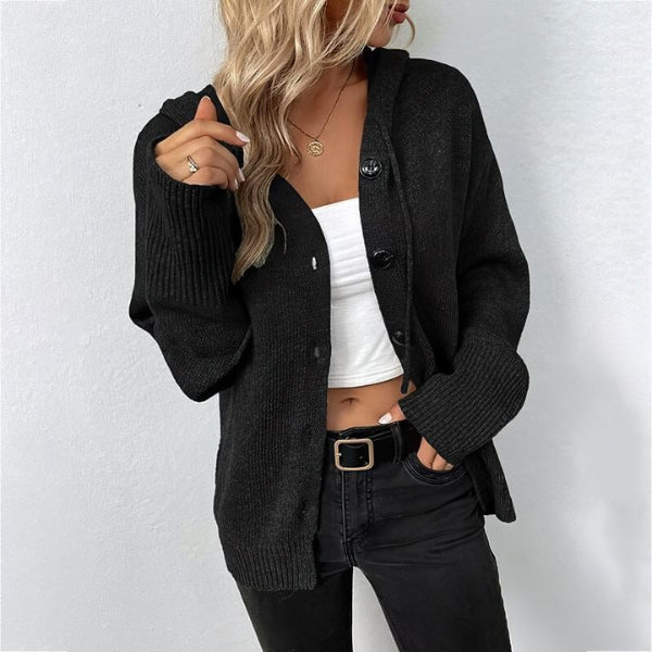 Cardigan En Maille Pour Femme Avec Capuche Laine Mélangée Coupe Décontractée Boutons Devant Bord Côtelé