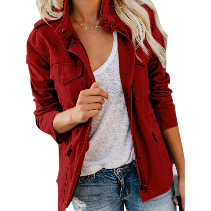 Veste Utilitaire Pour Femme Coupe Décontractée En Coton Mélangé Avec Zip Frontal Et Patte Boutonnée Multipoches Amawinc