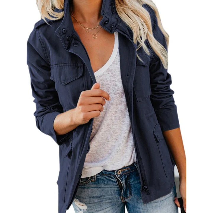 Veste Utilitaire Pour Femme Coupe Décontractée En Coton Mélangé Avec Zip Frontal Et Patte Boutonnée Multipoches Amawinc