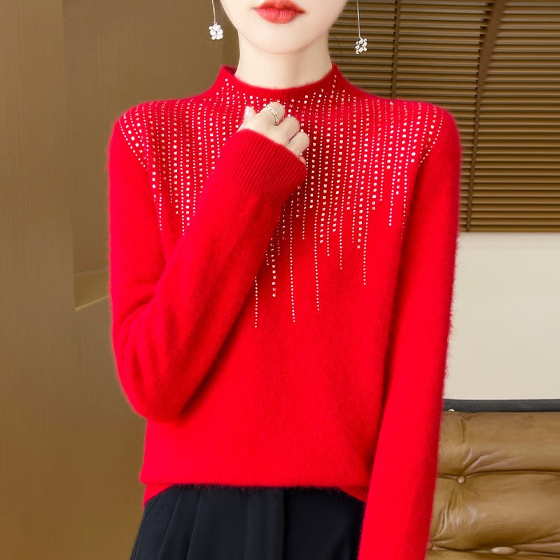 Pull Femme Tricot En Laine Col Montant Coupe Ample Motif Diamants Orné Élégance Quotidienne
