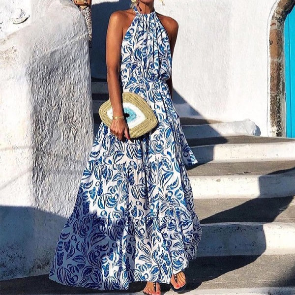 Robe Maxi Femme Amawinc Col Halter Imprimé Fleuri Jupe À Couches Fluide En Coton Mélangé