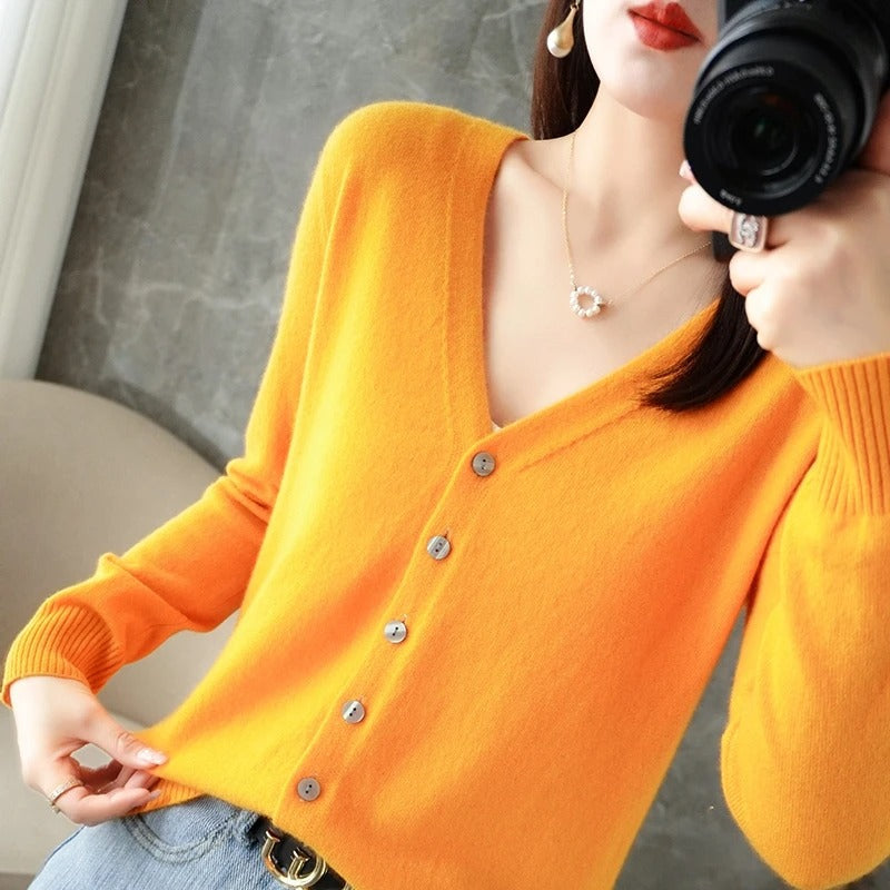 Cardigan Femme Mélange De Laine Coupe Décontractée Col V Boutons Devant Bordures Côtelées