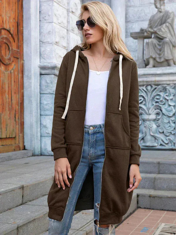 Sweatshirt Oversize Pour Femmes Avec Zip Front Capuche En Coton Longueur Longue Décontracté