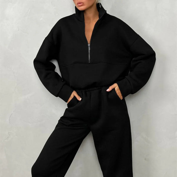 Ensemble Sweat Deux Pièces Femme Coupe Décontractée Haut Col Montant Demi Zip Mélange Coton Taille Élastique