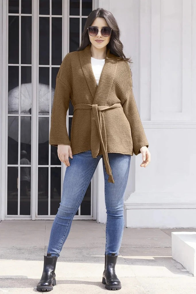 Cardigan Femme En Maille Cotele Col Chale Ceinture Mi Longue Nordisk Flair Amawinc