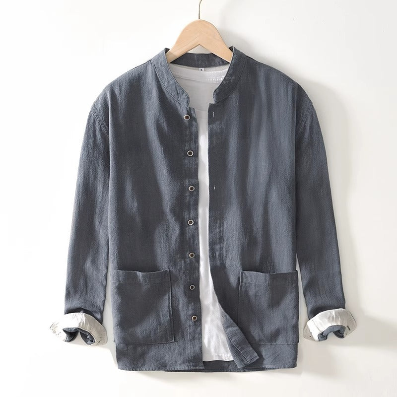 Chemise Haku Col Mandarin Coupe Décontractée Tissu Texturé Poches Oversize Manches Contrastées