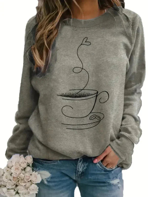 Sweat Femme Coupe Décontractée En Mélange De Coton Imprimé Tasse De Café Col Rond Ultra Confortable