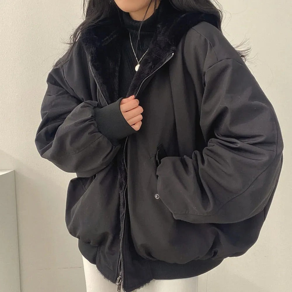 Veste Femme Coupe Décontractée Doublure Peluche Poignets Côtelés Fermeture Éclair Double Épaisseur