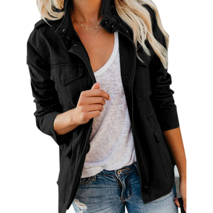 Veste Utilitaire Pour Femme Coupe Décontractée En Coton Mélangé Avec Zip Frontal Et Patte Boutonnée Multipoches Amawinc