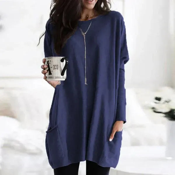 Pull Tunique Oversize Femme En Maille Douce Avec Poches Latérales Et Épaules Tombantes
