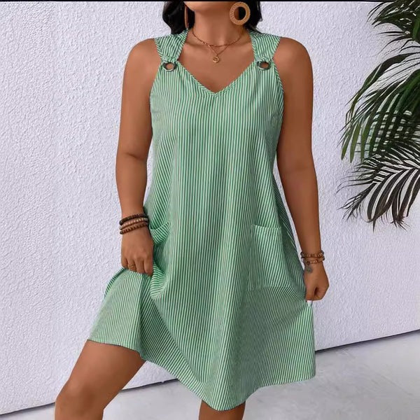 Robe Femme À Coupe A Ligne Encolure V Rayée Détail Anneau Aux Épaules Genou Longueur Poches