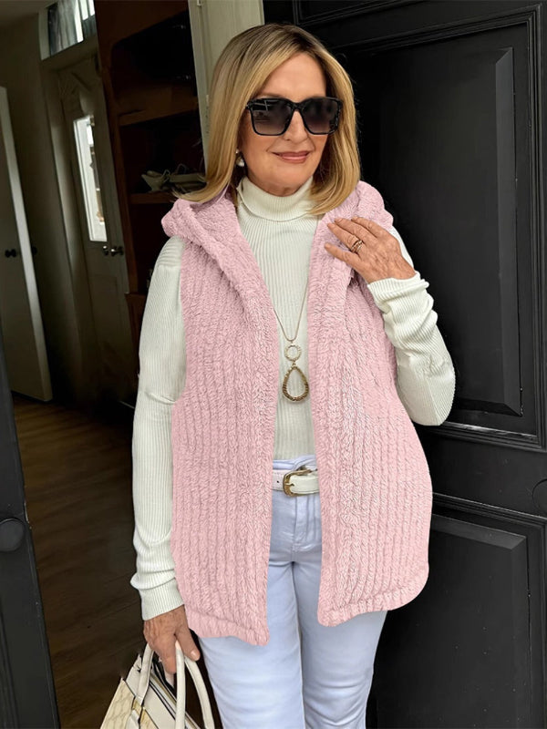 Veste Sans Manches À Capuche En Peluche Texture Pelucheuse Coupe Décontractée Pour La Superposition