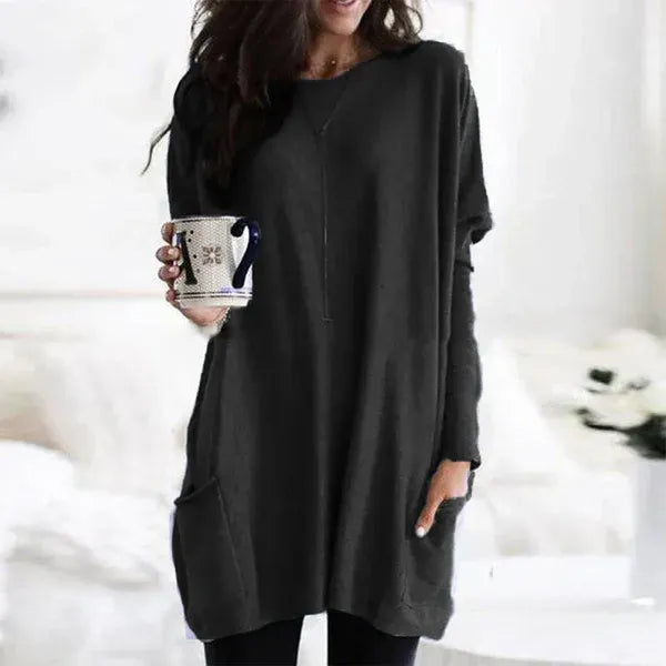 Pull Tunique Oversize Femme En Maille Douce Avec Poches Latérales Et Épaules Tombantes