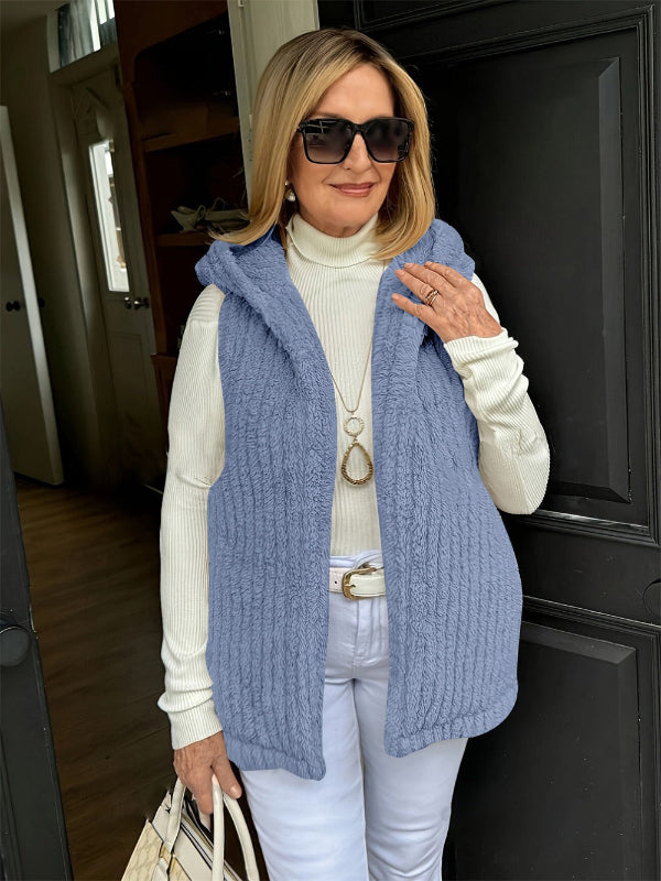 Veste Sans Manches À Capuche En Peluche Texture Pelucheuse Coupe Décontractée Pour La Superposition