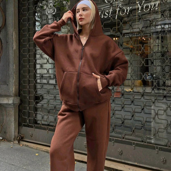 Ensemble Sweat À Capuche Oversized Pour Femme En Coton Avec Zip Avant Et Cordon Ajustable Pour Confort