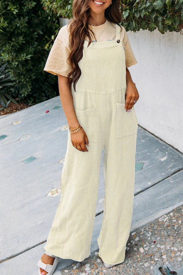 Combinaison Femme Décontractée En Mélange De Coton Pantalon Large Sans Manches Avec Poches Frontales