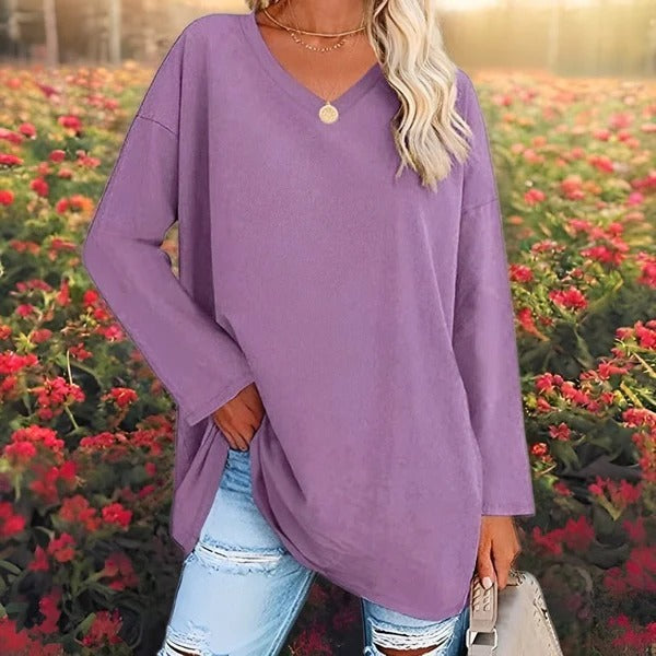 Chemise Femme Manches Longues Oversize à Effet Coton Col en V Style Décontracté Nordisk Flair